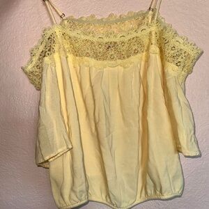 Yellow Lace Trim Cold Shoulder Top